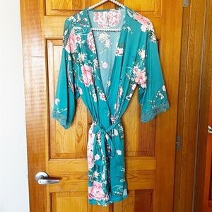 Flora Nikrooz Robe Womens L Teal Green Peacock Lace Soft Elegance Feminine Flirt